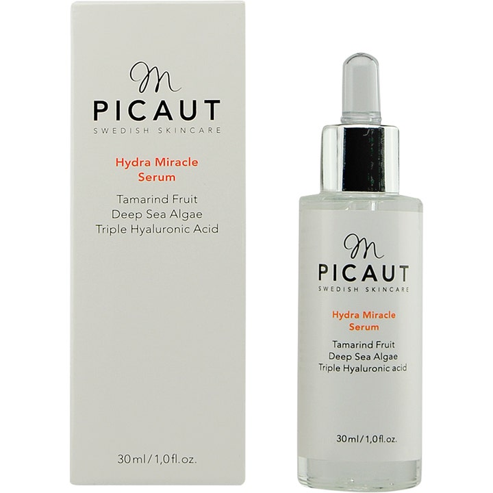 M Picaut Swedish Skincare Hydra Miracle Serum 30 ml fugtgivende serum i glasflaske med sølvpipette og hvid æske.