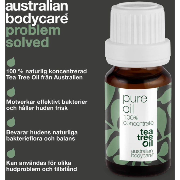 Australian Bodycare Pure Oil 10 ml modvirker bakterier i en lille brun glasflaske med hvidt låg og grønt bladmotiv.