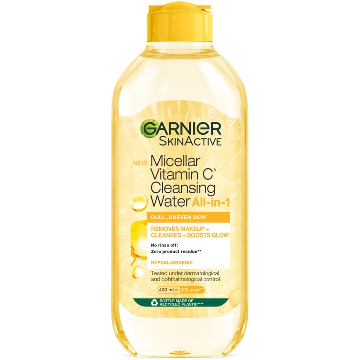 Garnier SkinActive Micellar Vitamin C 400 ml rens giver glød i en gennemsigtig plastflaske med gult låg.