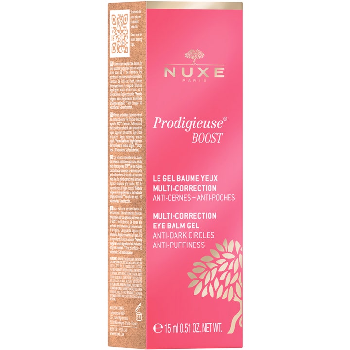 Nuxe Prodigieuse Boost Multi-Correction Eye Balm Gel 15 ml mod mørke rande i en lyserød og guld æske