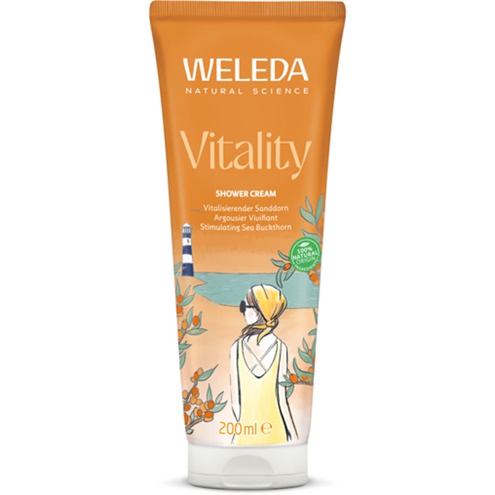 Weleda Vitality Creamy Body Wash 200 ml vitaliserende showergel i orange tube med havtorn og hvidt låg.