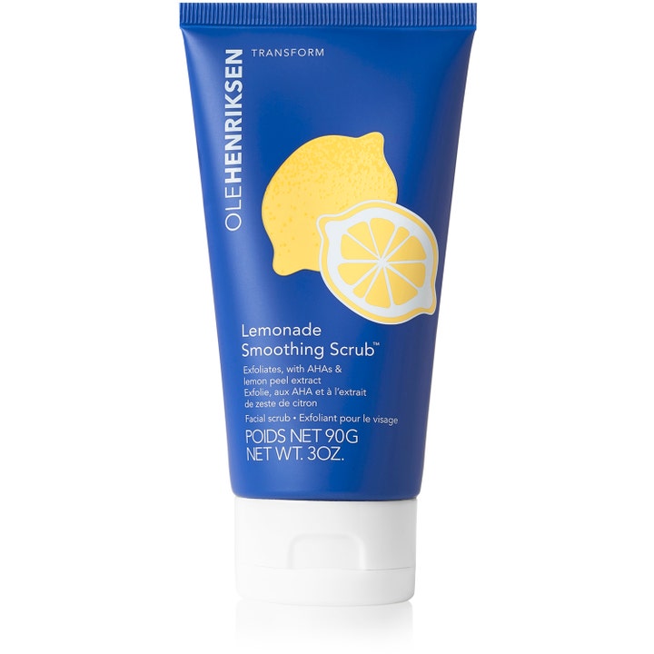 Ole Henriksen Lemonade Smoothing Scrub 90 g eksfolierende ansigtsscrub i blå tube med citrongrafik og hvidt låg