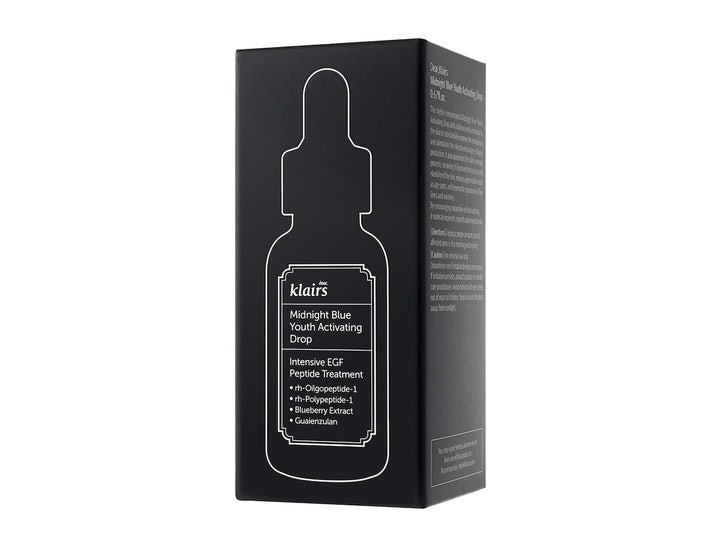 Klairs Midnight Blue Youth Activating Drop 20 ml anti-aging serum i sort æske med hvid flaskekontur.