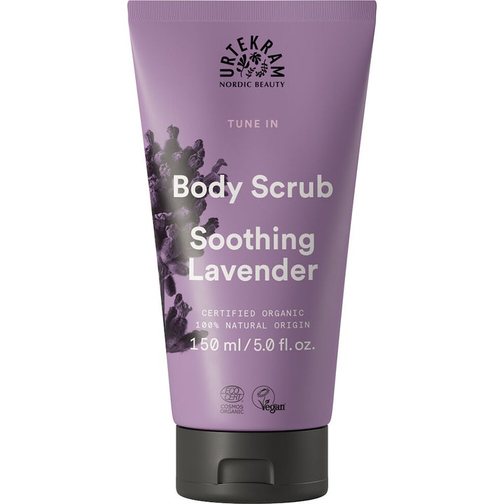 Urtekram Tune In Body Scrub Soothing Lavender 150 ml eksfolierende kropspleje i lilla tube med lavendelmotiv