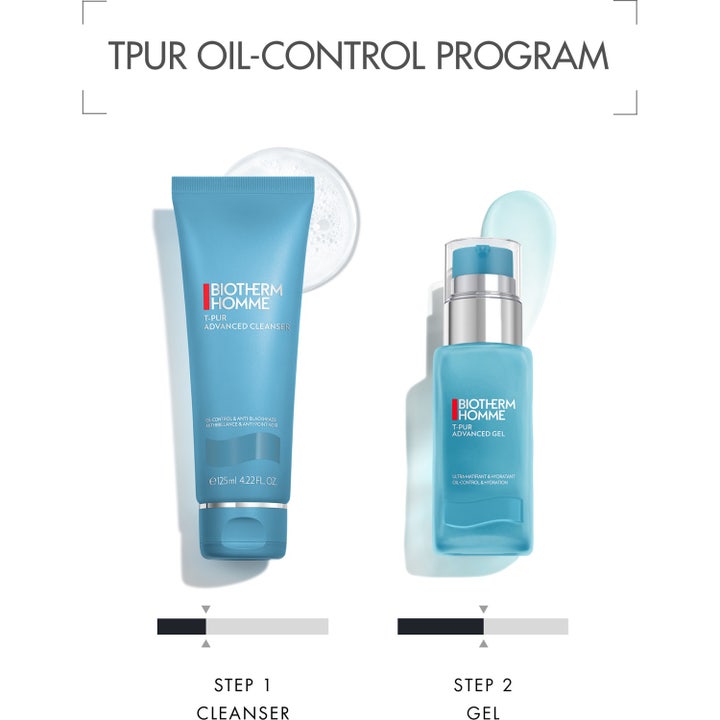 Biotherm Homme T-Pur Cleanser 125 ml matterende ansigtsrens i blå tube vist med matchende lotion og gel.