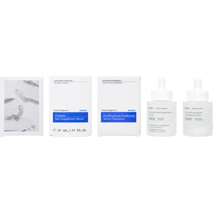 KORRES Greek Yoghurt Probiotic Skin-Supplement Serum 30 ml fugtgivende ansigtsserum i hvid glasflaske med pipette