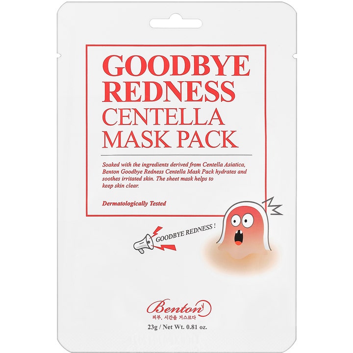 Benton Goodbye Redness Centella Mask Pack 23g beroligende sheet maske i hvid pose med rød tekst og tegneseriefigur