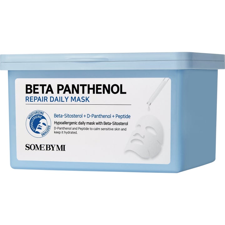 Some By Mi Beta Panthenol Repair Daily Mask beroligende ansigtsmasker i lyseblå boks der genopbygger hudbarrieren.