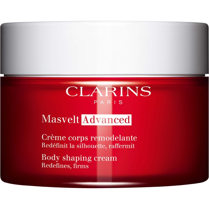 Clarins Masvelt Advanced 200ml oppstrammende kropscreme i en rød krukke med hvidt låg