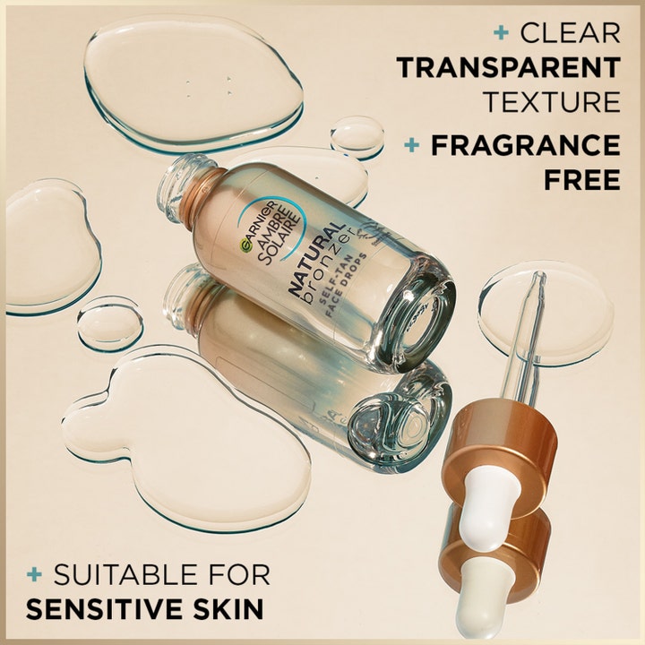 Garnier Ambre Solaire Natural Bronzer Self-Tan Drops 30 ml brun uden sol med klar parfumefri tekstur og guldpipette