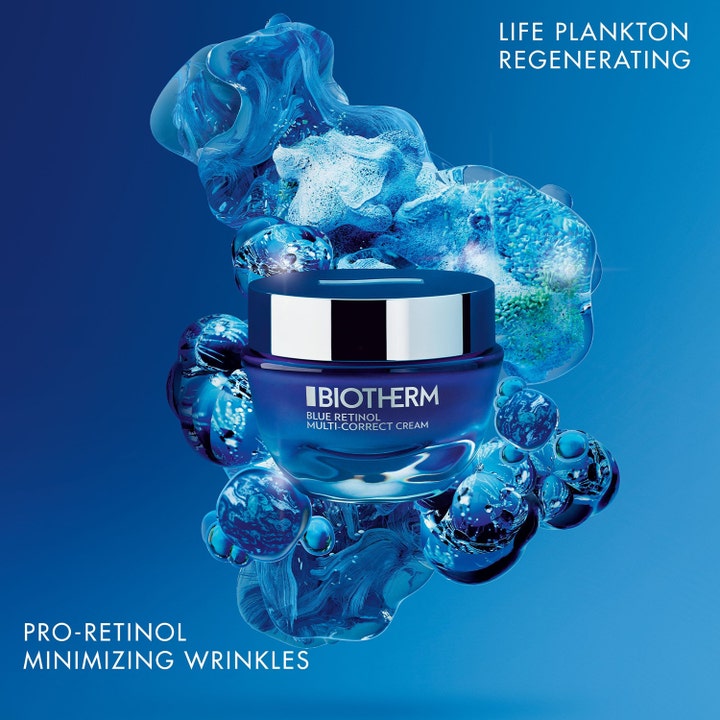 Biotherm Blue Pro-Retinol 50 ml dagcreme reducerer rynker i en blå glaskrukke med sølvlåg og Life Plankton.