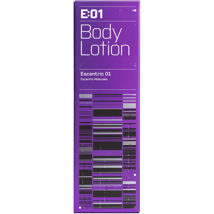 Escentric Molecules Escentric 01 200 ml fugtgivende body lotion i lilla papæske med hvid tekst og sorte detaljer