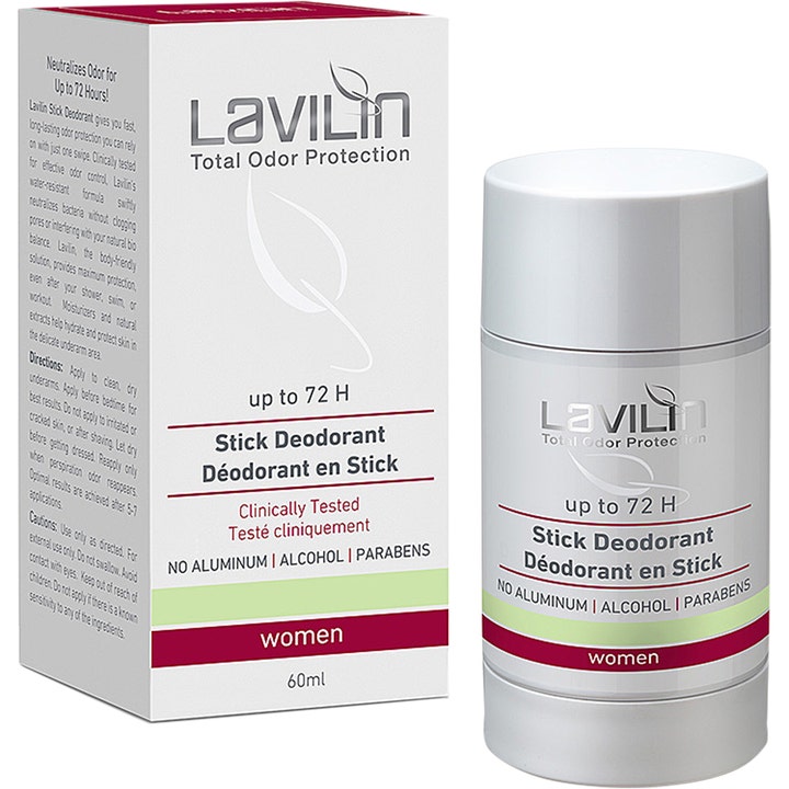 Lavilin Stick Deodorant 60ml mod lugt i 72 timer i hvid stift og æske uden aluminium til kvinder.
