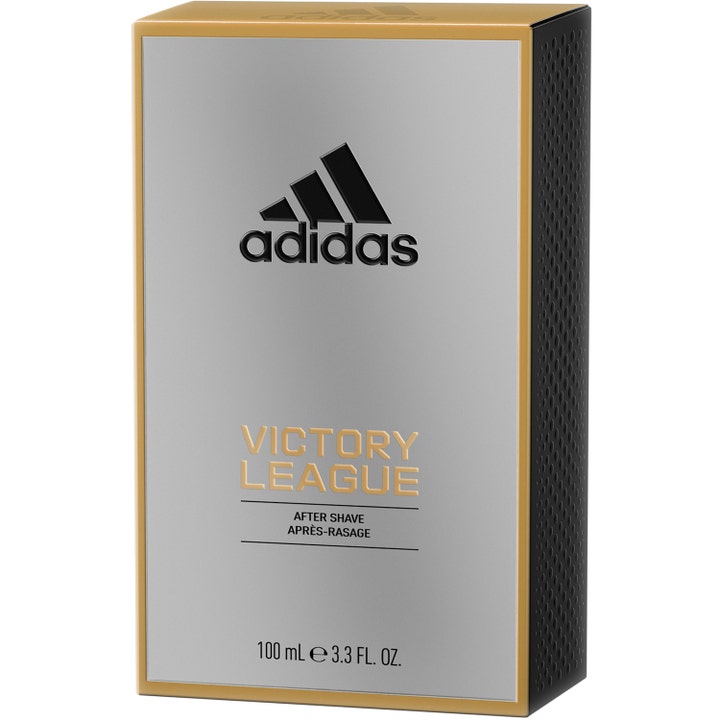 Adidas Victory League 100 ml after shave giver friskhed i sølvfarvet æske med guldramme og sorte teksturerede sider.
