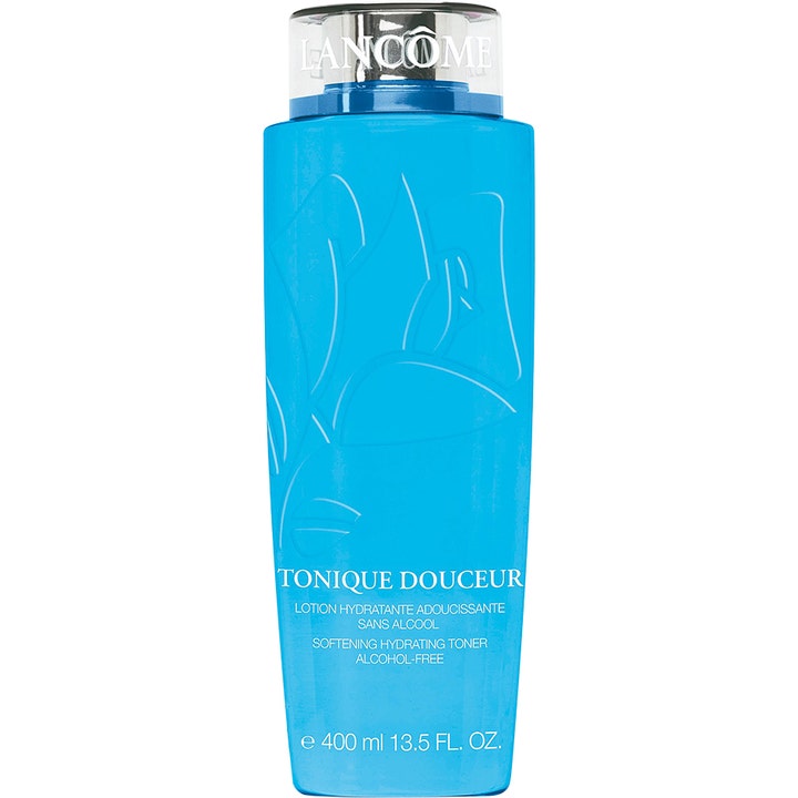 Lancôme Tonique Douceur 400 ml fugtgivende skintonic i en høj blå plastflaske med sølvfarvet låg.
