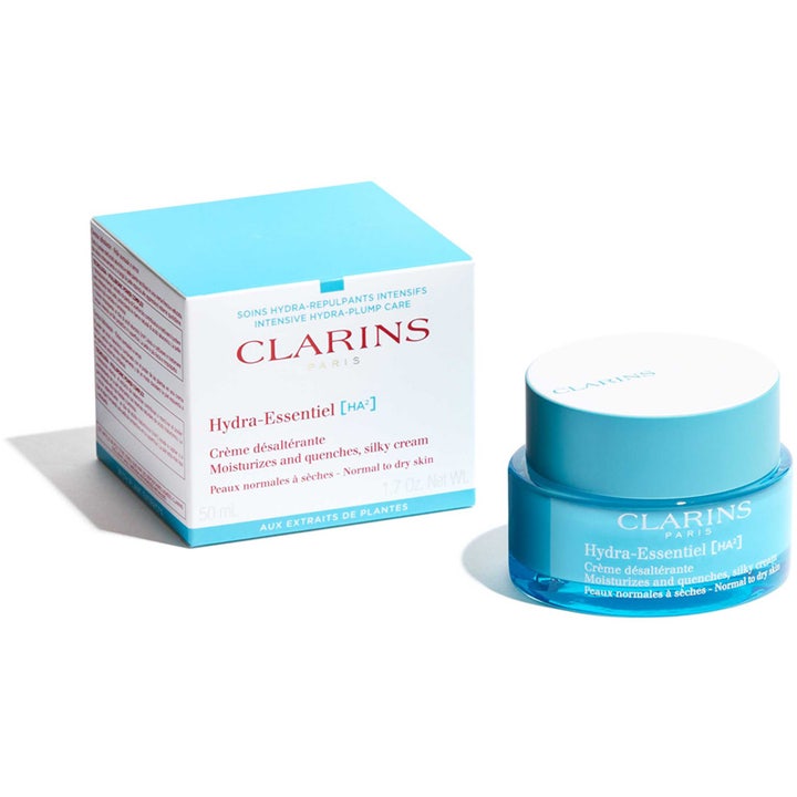 Clarins Hydra-Essentiel 50 ml fugtgivende ansigtscreme i blå glaskrukke med tilhørende lyseblå æske