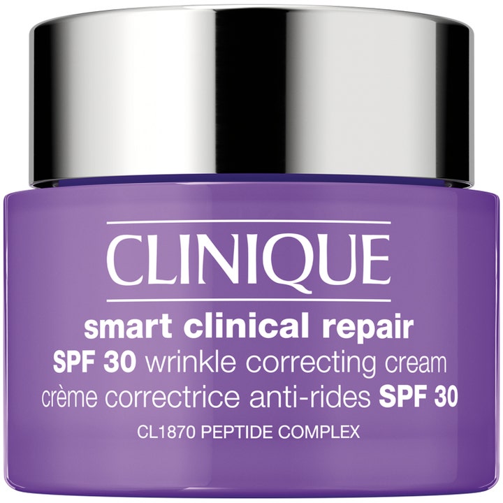 Clinique Smart Clinical Repair SPF 30 rynkekorrigerende ansigtscreme i lilla krukke med skinnende sølvlåg.