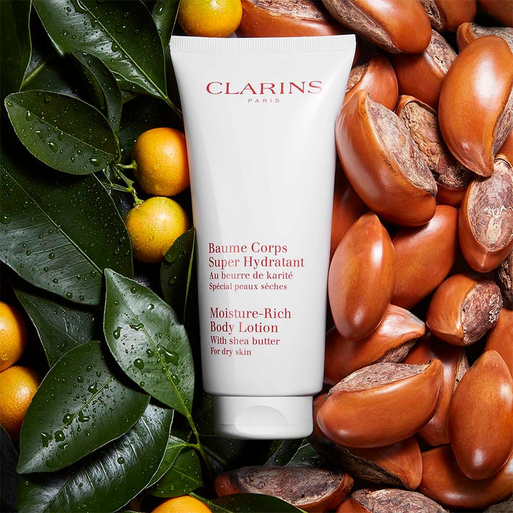 Clarins Moisture-Rich Body Lotion 200 ml fugtgivende kropspleje med sheasmør vist med sheanødder og blade
