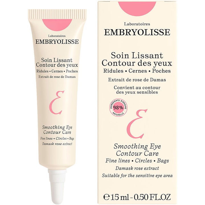Embryolisse Smoothing Eye Contour Care 15 ml øjencreme mod mørke rande i hvid tube og æske med lyserøde detaljer