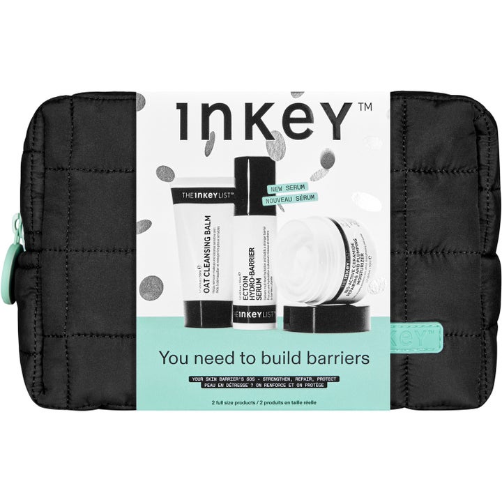The INKEY List You Need to Build Barriers 130 ml hudplejesæt til barrierepleje i sort quiltet taske med ansigtsrens og serum