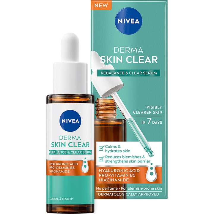 Nivea Derma Skin Clear 40 ml ansigtsserum med niacinamid i brun glasflaske mod urenheder og rødme