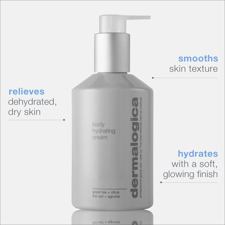 Dermalogica Body Hydrating Cream 295 ml bodylotion i grå pumpeflaske der lindrer tør hud og giver en blød finish.