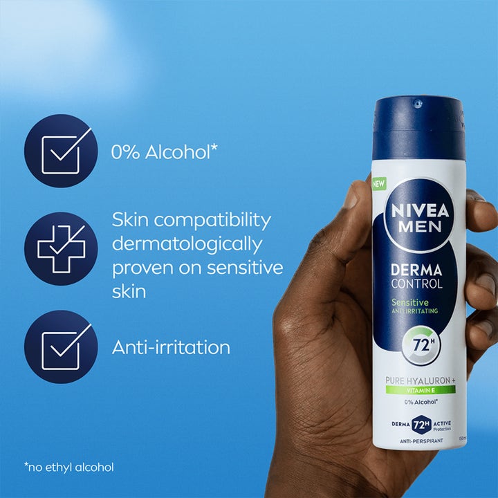 NIVEA Men Derma Control Sensitive 150 ml spray mod irritation vist på blå baggrund med 72 timers beskyttelse