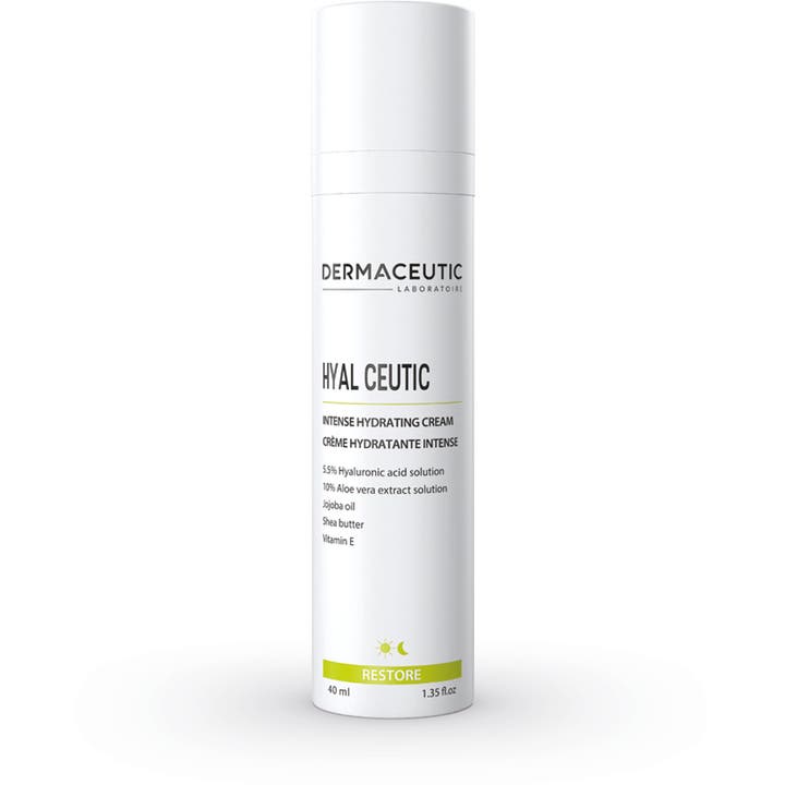 Dermaceutic Hyal Ceutic 40 ml fugtgivende ansigtscreme i hvid cylinderformet pumpeflaske der giver huden intens fugt