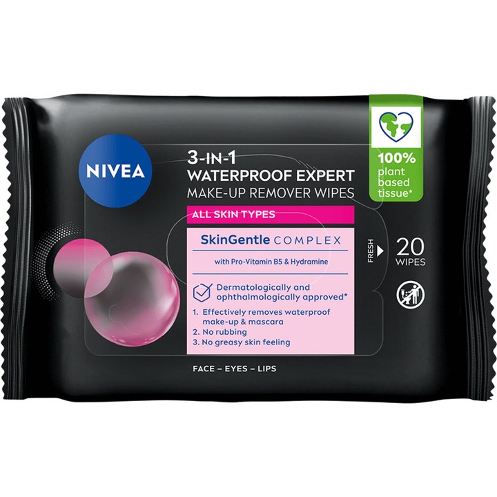 Nivea 3-in-1 Waterproof Expert 20 stk renseservietter fjerner vandfast makeup i sort pakke med lyserøde detaljer.