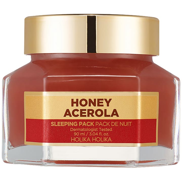 Holika Holika Honey Acerola Sleeping Pack 90 ml revitaliserende ansigtsmaske i sekskantet glasrukke med guldlåg