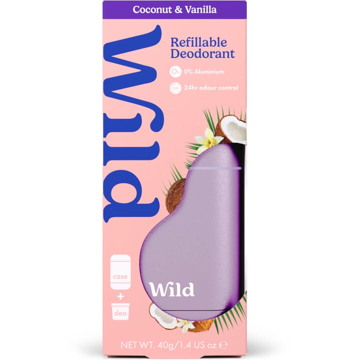 Wild Deo Coconut & Vanilla 40 g aluminiumfri deodorant i lyserød papæske med lilla hylster og kokosnød