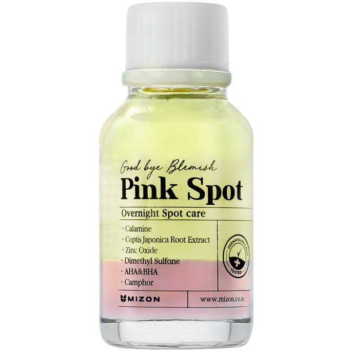 Mizon Good Bye Blemish Pink Spot 19 ml mod urenheder i en glasflaske med lagdelt gul og lyserød væske