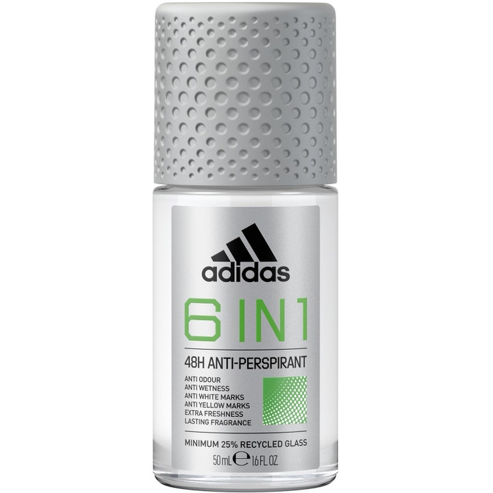Adidas 6 in 1 48H Anti-Perspirant 50 ml modvirker sved og lugt i en glasflaske med sølvlabel og gråt perforeret låg