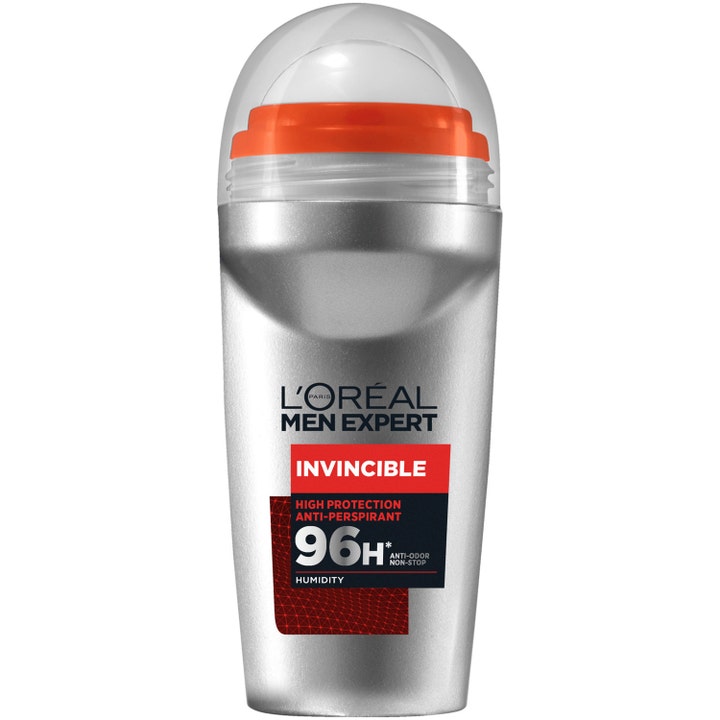L'Oréal Men Expert Invincible 96H antiperspirant modvirker fugt i en sølvfarvet emballage med klar hætte og orange kugle