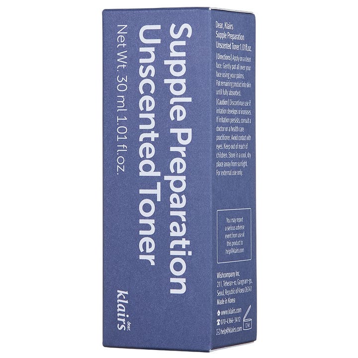 Klairs Supple Preparation Unscented Toner Miniature 30 ml fugtgivende toner i blå papæske med hvid tekst