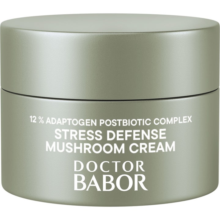 Doctor Babor Cleanformance Stress Defense Mushroom Cream 50 ml beroligende ansigtscreme i frostet glas med grønt metallåg.