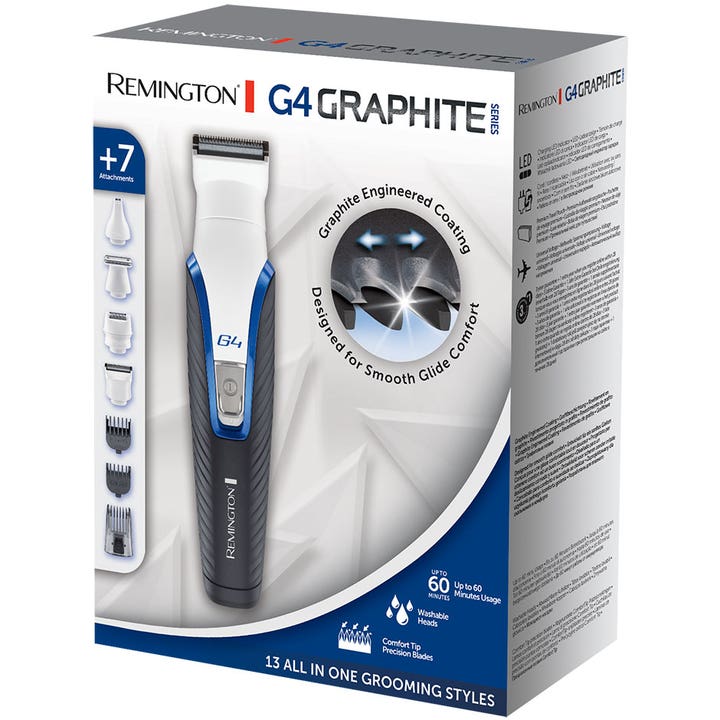 Remington Graphite Series Personal Groomer G4 PG4000 1 stk. skægtrimmer i hvid og blå æske med 7 tilbehørsdele