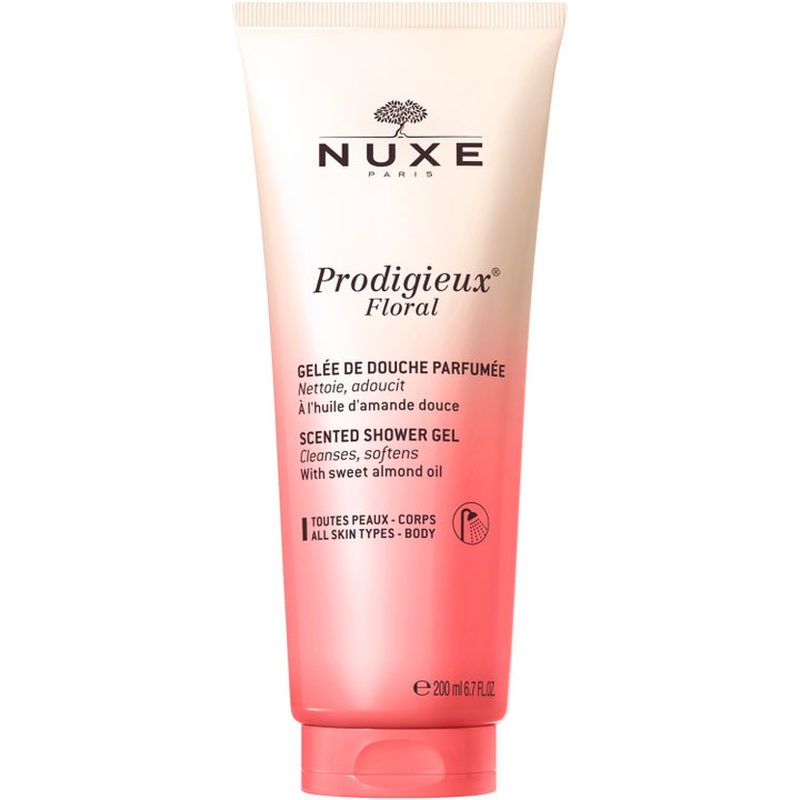 Nuxe Prodigieux Floral 200 ml showergel der renser og blødgør huden i en lyserød tube med hvid gradient.