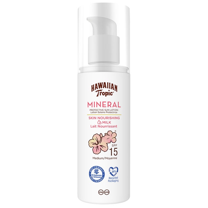 Hawaiian Tropic Mineral Protective Sun Lotion SPF 15 nærende solcreme i hvid pumpeflaske med hibiscusblomster