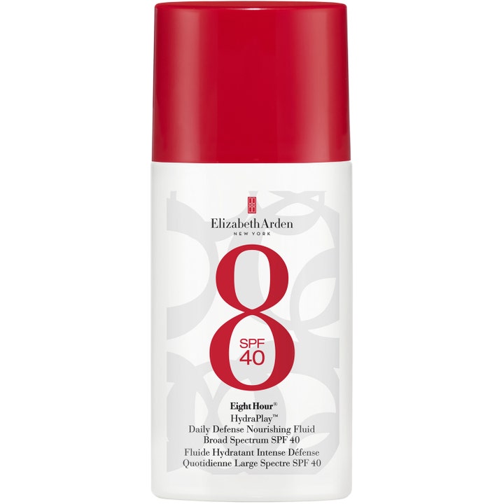 Elizabeth Arden Eight Hour HydraPlay SPF 40 fugtgivende ansigtscreme i hvid flaske med ikonisk rødt ottetal og låg