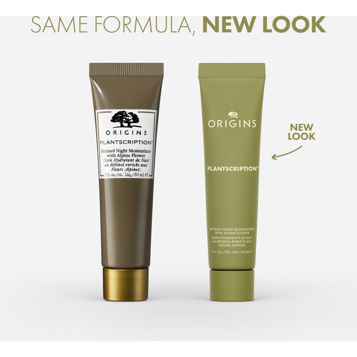 Origins Plantscription Retinol Night Moisturizer 30 ml nattcreme i gammel og ny grøn tube med teksten New Look