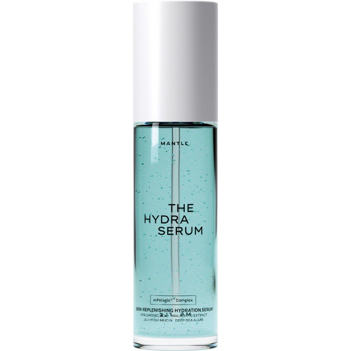 Mantle The Hydra Serum 30 ml fugtgivende ansigtsserum med hyaluronsyre i klar flaske med lyseblå gel og hvidt låg