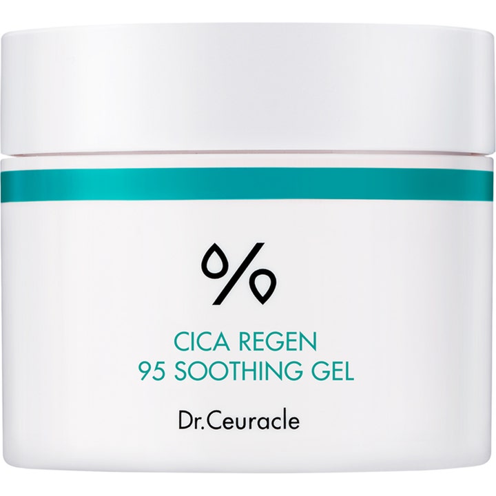 Dr. Ceuracle Cica Regen 95 Soothing Gel 110g beroligende ansigtsgel i hvid krukke med turkis stribe og hvidt låg.
