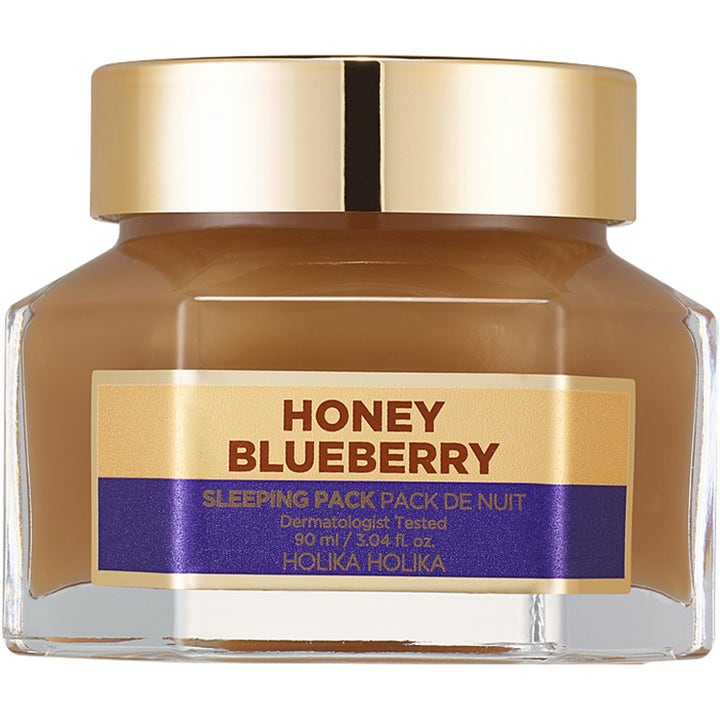 Holika Holika Honey Blueberry Sleeping Pack 90 ml nærende natmaske i sekskantet glaskrukke med guldlåg