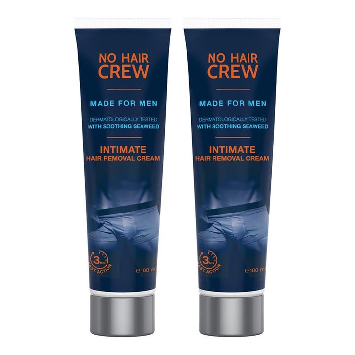No Hair Crew Intimate Hair Removal Cream 2x100 ml hårfjerningscreme i to mørkeblå tuber med sølvfarvede låg.