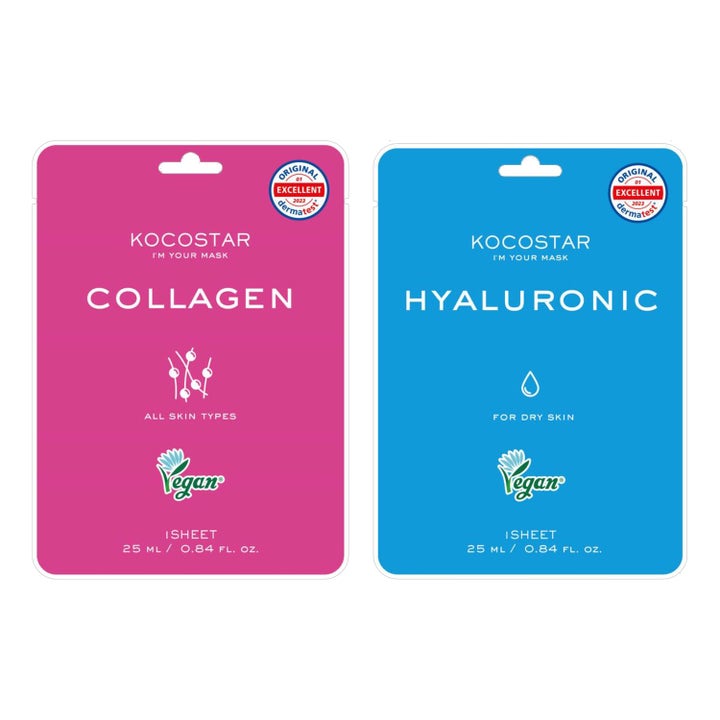 Kocostar Collagen og Hyaluronic 25 ml veganske ansigtsmasker i lyserød og blå emballage der fugter og opstrammer huden.