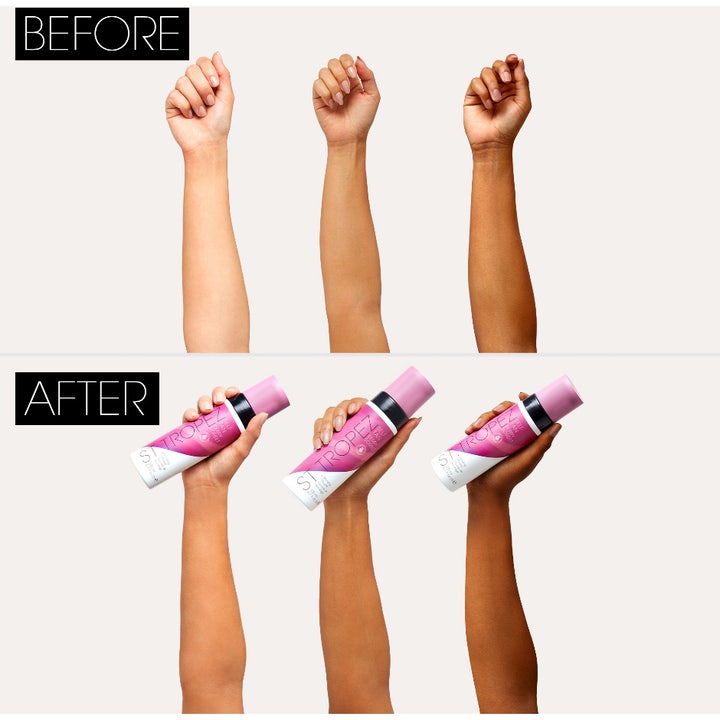 St.Tropez Self Tan Berry Sorbet 200 ml selvbruner mousse giver synlig før og efter effekt på tre hudtoner.