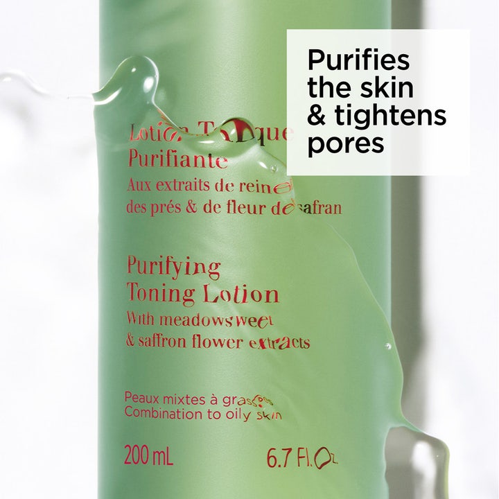 Clarins Purifying Toning Lotion 200 ml toner der mindsker porer vist med vanddråber på grøn flaske