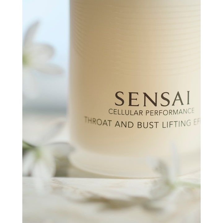 Sensai Cellular Performance Throat And Bust Lifting Effect 100 ml opstrammende creme i beige flakon med hvide blomster