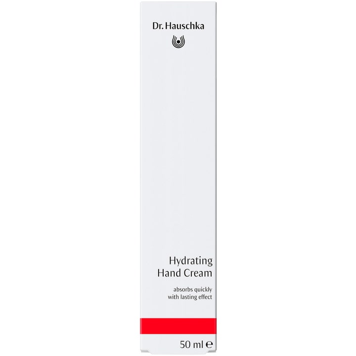 Dr. Hauschka Hand Cream 50 ml fugtgivende håndcreme i hvid papæske med rød detalje der absorberes hurtigt